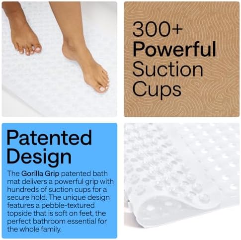 GORILLA GRIP Patented Bath Tub Shower Mat, Machine Washable Bathtub Floor Liner Mats, Suction Cups and Drain Holes to Keep Tubs Clean, Soft on Feet, Bathroom Essentials, 35x16 Inch, White