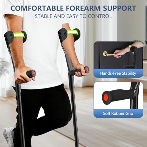 Forearm Crutch for Adults – Heavy-Duty Aluminum Arm Crutches, Adjustable Forearm Crutches with Ergonomic TPR Grip, Quad & Single Tip Forearm Crutch for Seniors Rehab Mobility, Single Unit