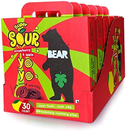 BEAR Sour Real Fruit Yoyos, Strawberry-Apple, No added Sugar, All Natural, Non GMO, Gluten Free, Vegan, Healthy on-the-go Snack for Kids & Adults, Red, 0.7 Oz, 30 Count