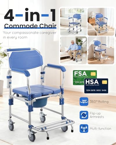 Bedside Commode Wheelchair with Drop Arms & Lockable Casters, Waterproof Aluminum Shower Chair, Anti-Tilt Foldable Footrest, Sponge Padded Seat, 330lbs Weight Capacity, 3 in 1 Bedside Commode Chair