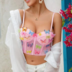 Testudineus Women Chic Butterfly Embroidered Corset Top Spaghetti Strap Sheer Mesh Push Up Bustier Bralette