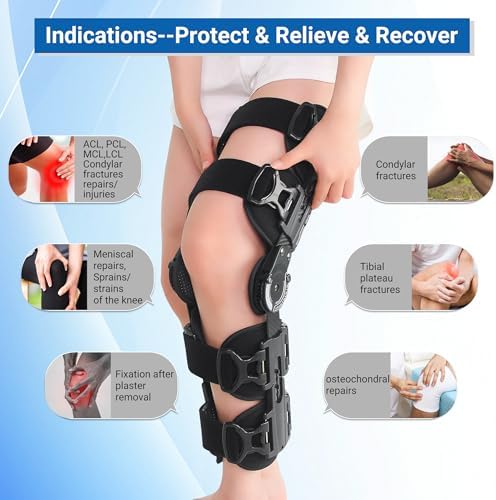 ROM Knee Brace with Shoulder Strap - Hinged Post OP Knee Brace Immobilizer Leg Braces Orthopedic Patella Knee Support Orthosis for ACL, PCL, MCL Injury, Meniscus Tear, Adjustable for Left and Right Leg