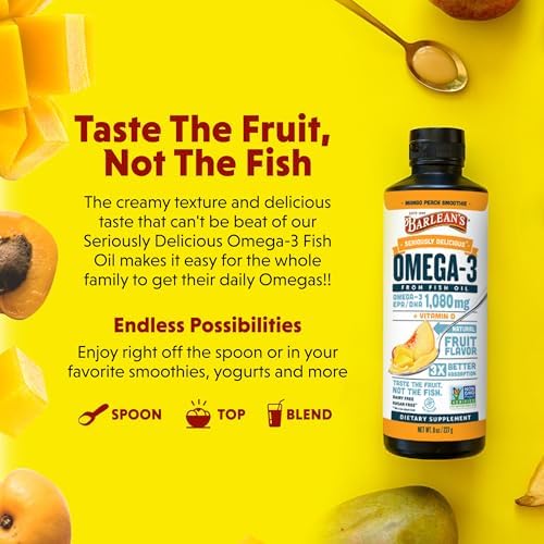 Barlean's Omega 3 Fish Oil Liquid Supplement with Vitamin D for Men and Women, 1080mg of EPA and DHA Fatty Acid, Promotes Brain & Heart Health - Non-GMO, Mango Peach, 8 oz