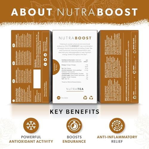 Nutra Tea NUTRABOOST - Energy Tea | Herbal Energy & Focus Tea - Help With Tiredness And Fatigue - Includes Green Tea, Ginseng & Ashwagandha - 20 Individually Wrapped Bags - Herbal Teas