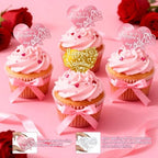 40Pcs Happy Valentines Day Cake Topper Acrylic Heart Cupcake Toppers Rose Carving Mirror Valentine's Cake Decorations for Anniversary Party Supplies Gifts (2 Designs)