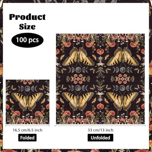 100Pcs Retro Black Butterfy Paper Napkins 3-ply 6.5" x 6.5" Disposable Farmhouse Moon Large Dinner Size Napkins Black Gothic Square Beverage Napkin for Seasonal Autumn Kitchen Supplies