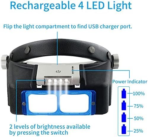 Beileshi Rechargeable Head-Mounted Magnifier with LED Light, Headband Double Lens Illuminated Reading Magnifier Loupe Jewelry Visor Opitcal Glass Binocular Magnifier with Lens -1.5X 2X 2.5X 3.5X