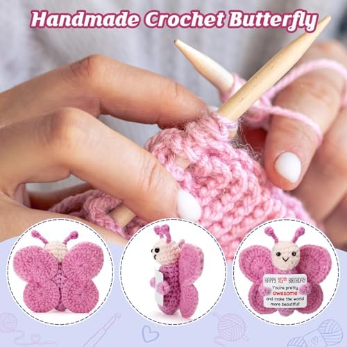 Pink Crochet Butterfly 15th Birthday Gift for Girls, Handmade 4" Amigurumi Plush with “Happy 15th Birthday” Sign, Cute Teen Girl Desk Decor, Small Stuffed Butterfly