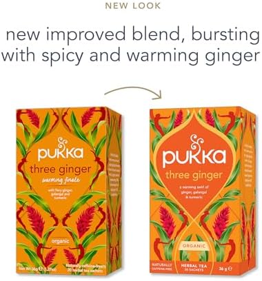 Pukka Three Ginger Organic Herbal Tea, Digestion-Aiding Infusion With Ginger, Turmeric, and Galangal, Tea Gift Set Ideal After Meals, Caffeine Free, 80 Total Bags (20ct - Pack of 4)