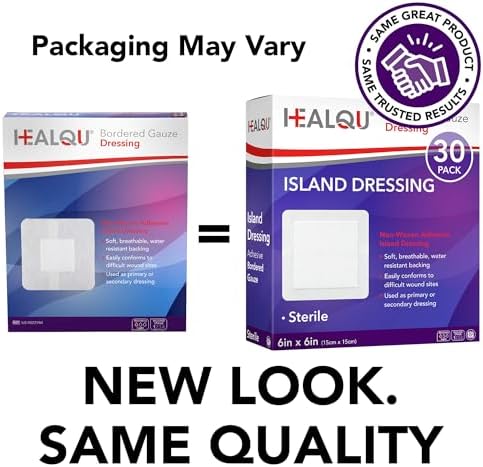 HEALQU Island Dressing - 6"x6", 30 Count - Bordered Gauze Sterile Individually Wrapped Gauze Pads, Water-Resistant, Non-Woven Backing - Soft and Breathable Wound Dressing for First Aid and Medical