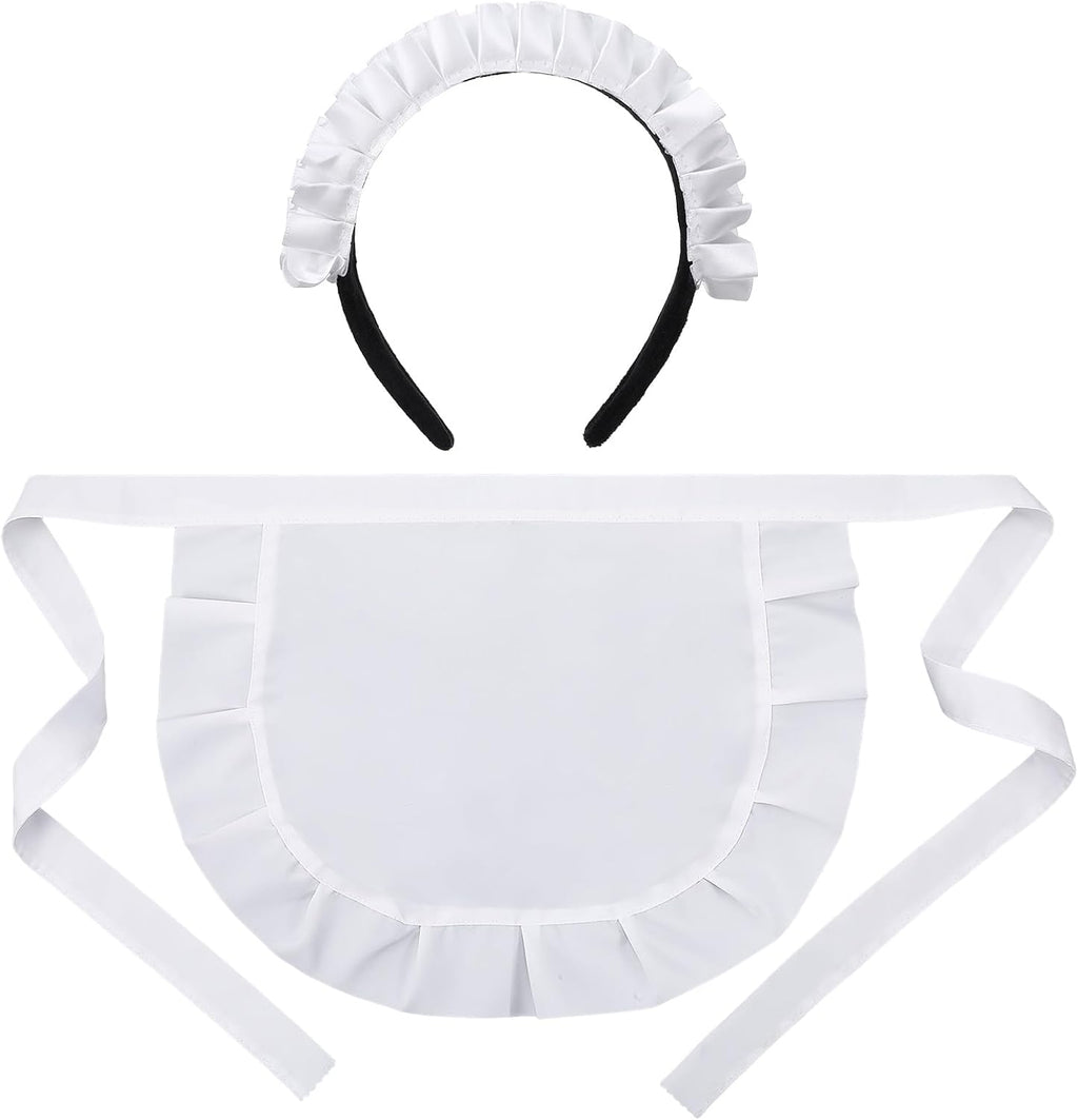 Trinkrittey Cosplay Waist Apron with French Headdress, White Retro Frilly Adorable Maid Waitress Aprons Kitchen Costume Half Apron for Women
