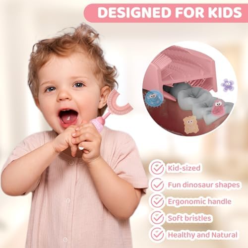 U-Shaped Toothbrush for Kids Ages 2-7, Soft Food-Grade Silicone for Sensitive Gums, 360 Teeth Cleaning Design, Training & Travel-Friendly Toddler's Toothbrush (Pink)