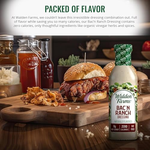 Walden Farms Bac’n Ranch Dressing – Low Carb, Calorie-Free, Gluten-Free, Keto-Friendly, Sugar-Free, Fat-Free, Dairy-Free Smoky Bacon Ranch Flavor – 12 oz Bottle
