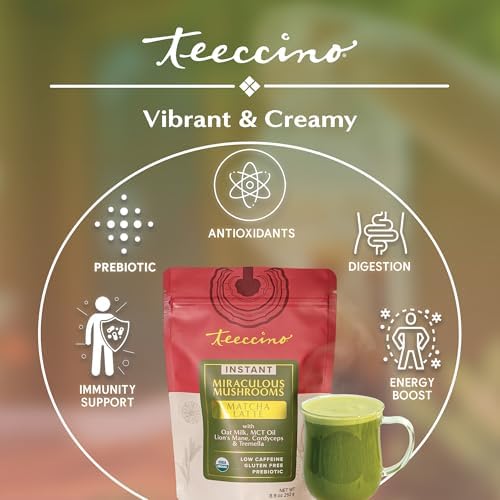 Miraculous Mushrooms Instant Matcha Latte by Teeccino - 8.9 Ounce - Organic Matcha Latte with MCT Oil and Adaptogenic Mushrooms - Lion’s Mane, Cordyceps & Tremella -Antioxidants, Prebiotic