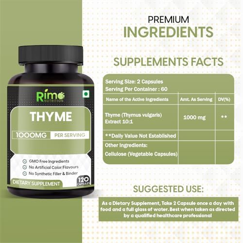 Thyme Herbal Supplement Vegetarian Capsules (Thymus Vulgaris) Dried Leaf (120 Capsules) 1000mg Per Serving