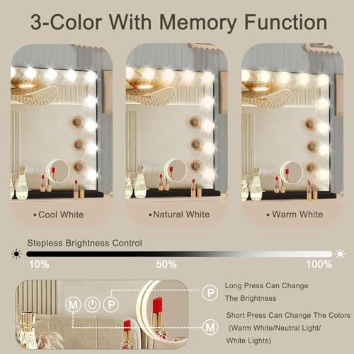 Ratsamee Black Hollywood Vanity Mirror with Lights, 15 Dimmable Bulbs, 3 Color Lights,Make Up Lighted Mirror, Aluminum Metal Frame, USB Charging Port（23" x 18"）