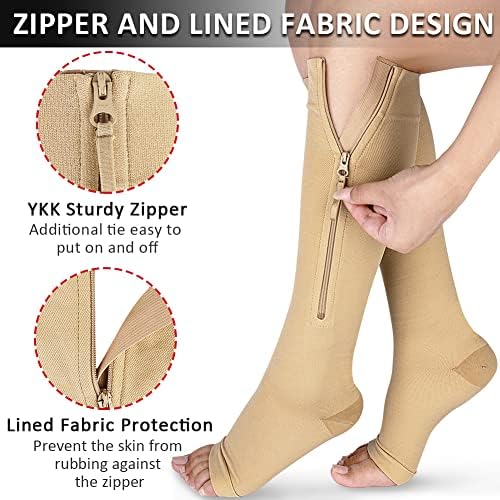 Ailaka Medical Compression Socks with Zipper, Knee High 15-20 mmHg Compression Socks for Women Men, Open Toe Support Socks for Varicose Veins, Edema, Recovery, Pregnant, Nurse