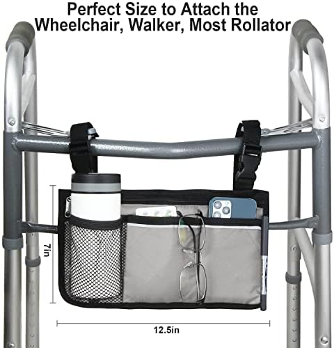 Wheelchair Side Bag, Armrest Storage Pouch with Cup Holder and Reflective Strip for Wheelchairs, Walkers or Rollators (Gray)