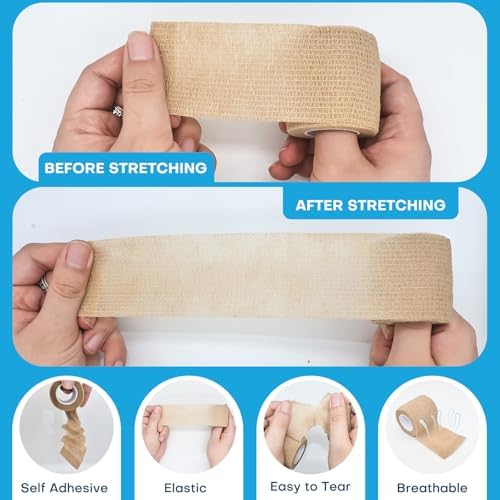 Self Adhesive Bandage Wrap 2 Inch x 5 Yards, 6 Pack Skin Color Cohesive Adherent Athletic Tape for Medical First Aid, Injury Support & Sports Supplies