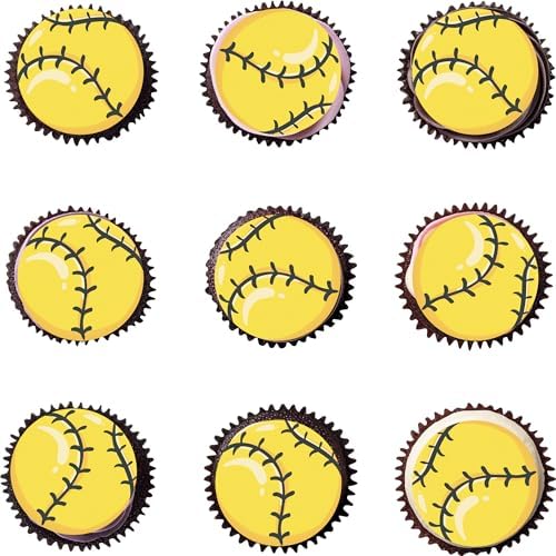 48pcs Edible Sports Cupcake Toppers Edible Basketball Soccer Baseball Tennis Rugby Cake Decorations for Sports Ball Game Theme Baby Shower Birthday Party Cake Decorations Supplies (softball)