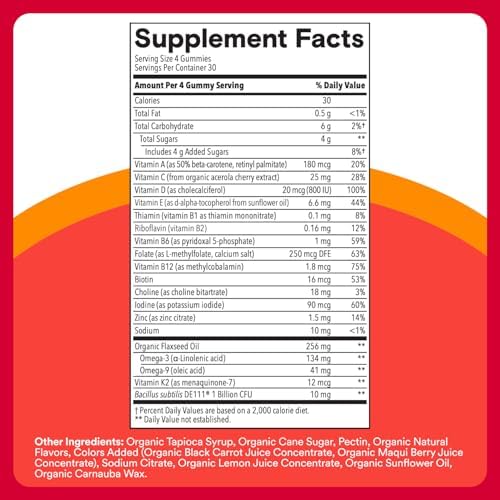 SmartyPants Organic Kids Multivitamin Gummies: Probiotics, Omega 3 (ALA), Vitamin D3, C, Vitamin B12, B6, A, K & Zinc for Immune Support, Biotin, Three Fruit Flavors, 120 Count (30 Day Supply)