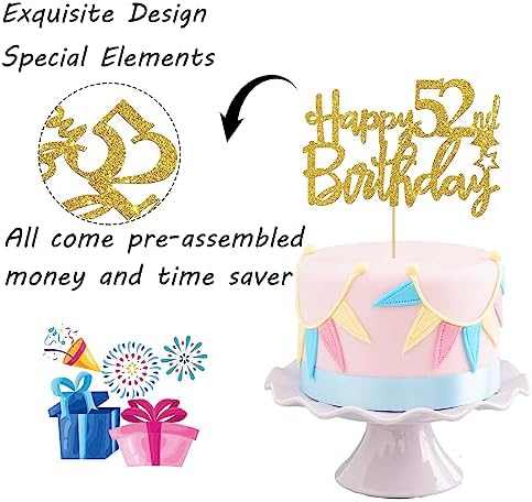 Gold Glitter Happy 52nd Birthday Cake Topper - 52 Sign Cake Topper - Cheers to 52 Years Party Supplies - 52nd Birthday Party Decoration