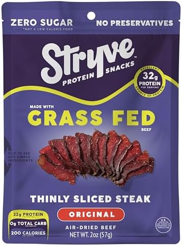 Stryve Protein Snacks - Better Than Jerky Steak - Grassfed Beef Biltong | 32g Protein, Sugar Free, Zero Carbs, Gluten Free, Dairy Free, Keto & Paleo Friendly | Original, Pack Of 4