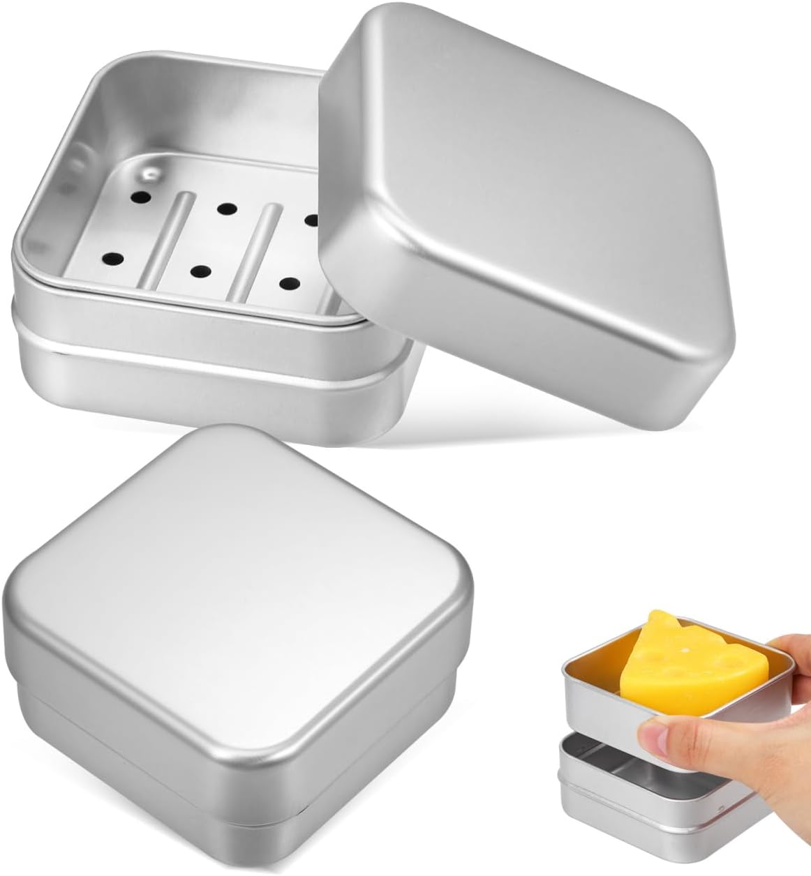 Alipis Aluminum Soap Box with Lid and Drain Strainer Compact Square Travel Soap Case for Bathroom and Outdoor Use 2-Pack
