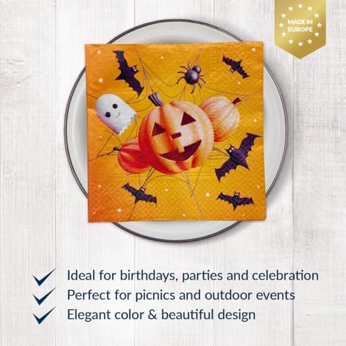 PAW - Luncheon Halloween Napkins 6,5'' x 6,5'', Disposable Paper Napkins with Pumpkin and Spiders, Lunch Napkins for Halloween Parties, Kids Parties, Decoupage, Tableware Party Supplies, 50 Count