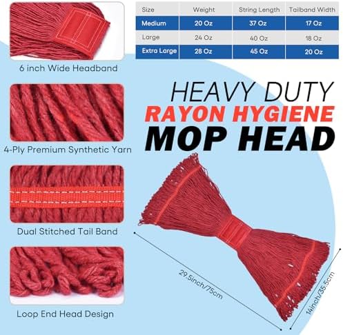 Onesimus Synthetic Rayon Mop Head Replacement, Chemical Resistant Heavy Duty Commercial Mops for Floor Cleaning and Finishing, 5 Inch Wide Headband, Medium Size 20 oz, 6 Pack Red