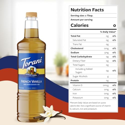 Torani Sugar Free French Vanilla Syrup 1 Liter Bottle with Pump Dispenser – Zero Calorie Flavored Coffee Syrup for Lattes, Cold Brews, Teas, Cocktails & Desserts – Keto Friendly