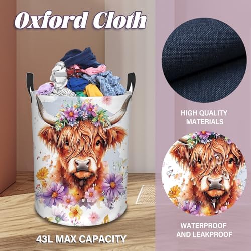Highland Cow Laundry Basket, 43L Round Oxford Cloth Laundry Hamper, Waterproof Collapsible Storage Organizer Bin with Handles for Toys, Nursery Home Storage, Gift for Chritsmas Thanksgiving 13.8x17.7