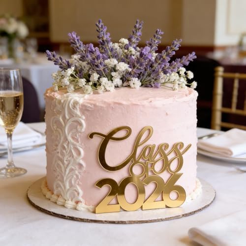 Class of 2026 Cake Topper, Gold Acrylic Graduation Cake Pick, Congrats Grad 2026 Theme Party Cake Decorations Cake Charm Decor for High School Boys Girls Party Supplies