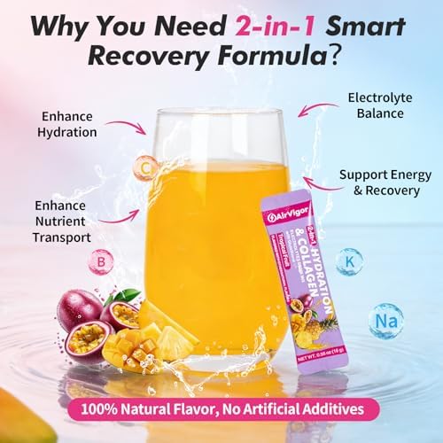 Electrolyte Collagen Powder Packets, 10g Collagen Protein Drink Mix for Hydration Recovery, Zero Sugar 2-in-1 Post Workout Rehydration, Joint Skin Muscle Support, 5 Vitamins, Tropical Fruit