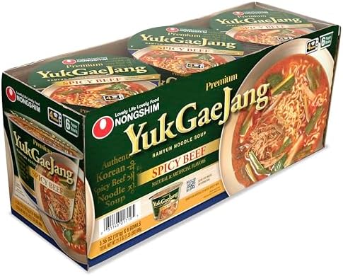 Nongshim Yukgaejang Big Bowl, Premium Ramyun Noodle Soup, Spicy Beef, 3.56 oz (Pack of 6)