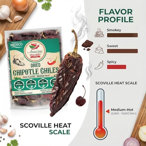 Dried Chipotle Morita Chile Peppers 4 oz – Robust Smokey Flavor, Use For Mexican Recipes, Mole, Sauces, Tamales, Salsa, Meats, Stews. Medium to High Heat - Resealable Bag. By Amazing Chiles and Spices