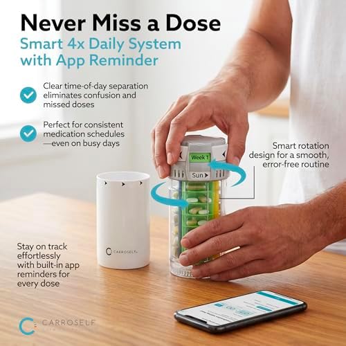 Smart Pill Dispenser for 4 Daily Doses – Weekly Pill Organizer with AM/PM Labels, Smooth-Sliding Cartridges, Medication Organizer for Adults & Seniors, Compact Pill Storage Box