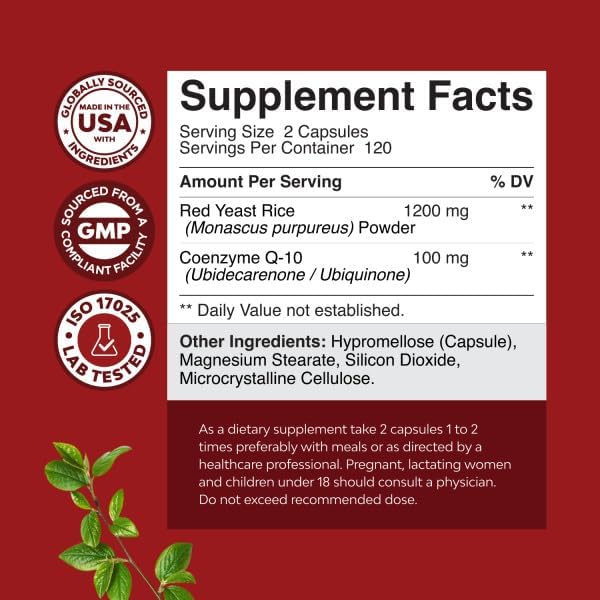 Red Yeast Rice with CoQ10 Supplement - Advanced Healthy Heart & Healthy Cholesterol Levels Formula for Men & Women - Red Yeast Rice Capsules with 1200mg per Serving and CoQ10-240 Count