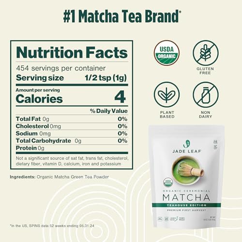Jade Leaf Matcha Organic Ceremonial Grade Matcha Green Tea Powder - 100% Pure Japanese First Harvest Green Tea for Ceremonies, Usucha, Lattes 454g / 16 Ounce Bulk Pouch (Pack of 1)