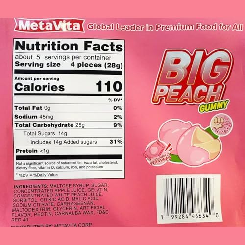 MetaVita 5oz - Big peach Gummy Candy – Individually Wrapped Peelable peach Gummies with Real Puree – Chewy Peach Flavor Treat for Kids and Adults–