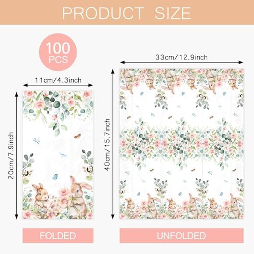 100pcs Easter Bunny Floral Guest Napkins Rabbit Flowers Spring Seasonal Disposable Paper Dinner Hand Napkin Towel for Home Kitchen Bathroom Powder Room Holiday Party Decorative Towels