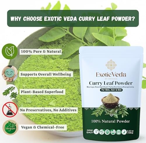 Exotic Veda Curry Leaf Powder – Kadi Patta (Murraya koenigii) | Vegan, Non‑GMO, Additive‑Free Indian Spice | Rich in Antioxidants & Nutrients for Cooking, Hair & Skin Benefits – 100 g (3.53 oz)