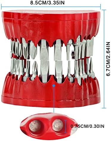 Denture Drill Bit Holder with 28 Bits fits 1/4 Inch Hex Bit and Drive Bit Adapter Unique Teeth Model Design Bit Holders Set as Tool and Home Decoration (Red)