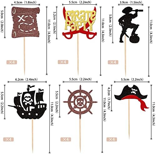 24 PCS Pirate Cupcake Toppers Glitter Rudder Nautical Sailing Cupcake Picks Treasure Map Pirate Captain Skull Cap Cake Decorations for Pirate Theme Baby Shower Kids Birthday Party Supplies