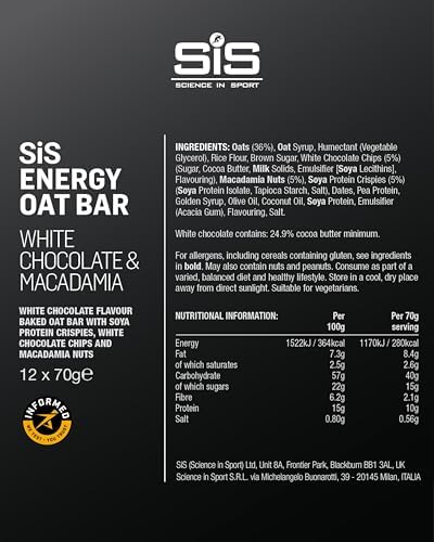 Science in Sport Energy Oat Bar - Oat Energy Bar for Elite Athletes - 40g Carbohydrates - 10g Protein - Balanced Nutrition Sports Snack - Vegan-Friendly - White Chocolate & Macadamia Flavor - 12 Count