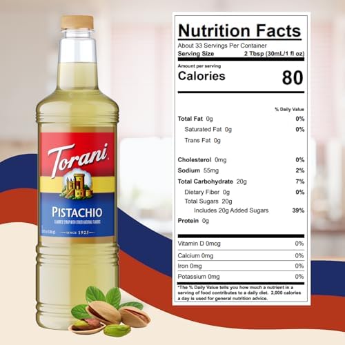 Torani Pistachio Coffee Syrup 1 Liter Bottle with Pump Dispenser – Flavored Syrup with Pure Cane Sugar & Natural Pistachio Essence – Perfect for Lattes, Desserts & Cocktails