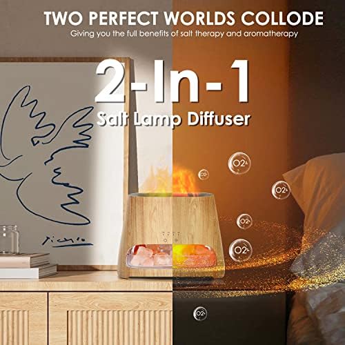 SALKING 2-in-1 Ultrasonic Essential Oil Diffuser & Himalayan Salt Lamp, Aromatherapy Diffuser Cool Mist Humidifier with Auto Off Function, 100% Pure Himalayan Pink Salt Rock, 150ml (Wooden Grain)
