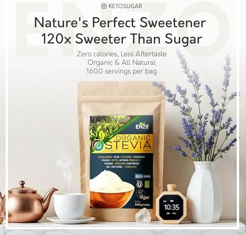 Enzo Easy Use Organic Stevia Powder 200g (7.05oz / 1600 Servings) All Natural Alternative Sweetener 12 x Sweeter than Processed Sugar with No Artificial Additives & Fillers