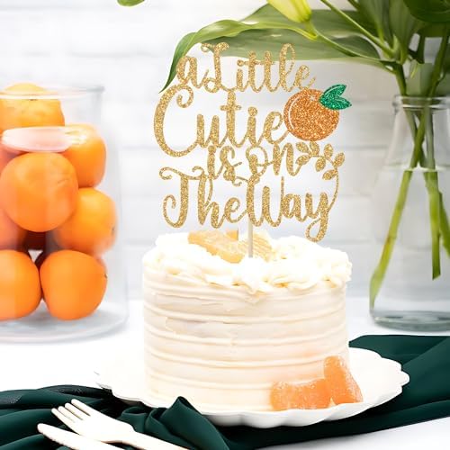 A Little Cutie is on the Way Gold Glitter Fruit Theme Baby Shower Cake Topper, 1pc, 5.2 x 5.6 inches