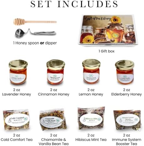 C&J Farms Texas Gourmet Artisan Seasonings A Gift of Tea and Honey Gift Set- 9 Piece Variety Sampler Box- Includes Stir Spoon and Sampling of Loose Leaf Tisanes & Infused Honey- Local, Natural Flavors